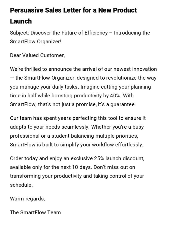 Persuasive Sales Letter for a New Product Launch Persuasive Sales Letter for a New Product Launch