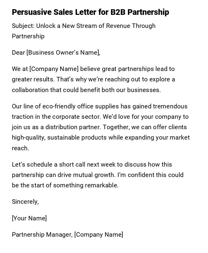 Persuasive Sales Letter for B2B Partnership Persuasive Sales Letter for B2B Partnership