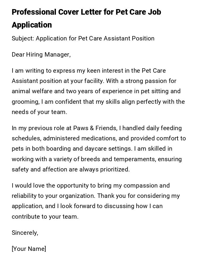 Professional Cover Letter for Pet Care Job Application Professional Cover Letter for Pet Care Job Application