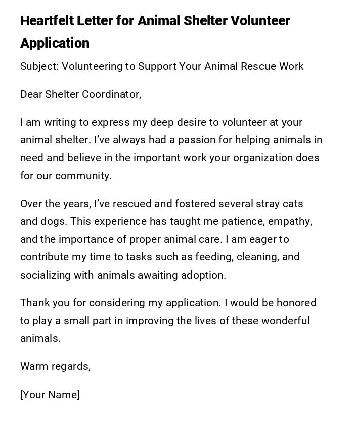 Heartfelt Letter for Animal Shelter Volunteer Application Heartfelt Letter for Animal Shelter Volunteer Application
