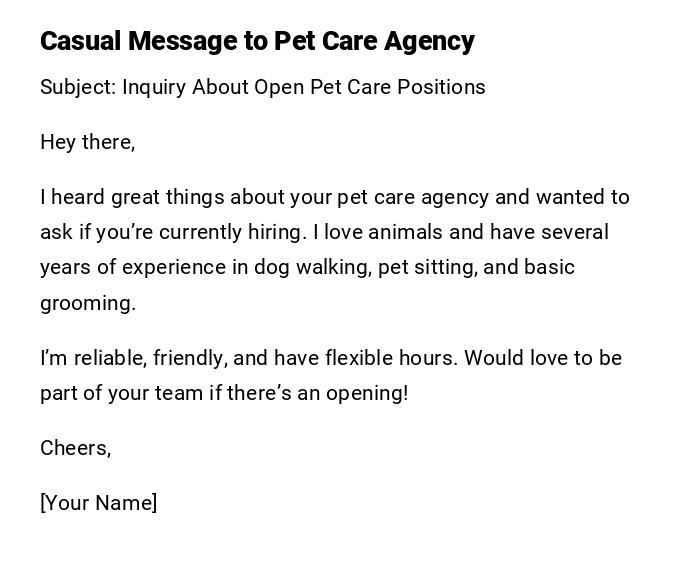 Casual Message to Pet Care Agency Casual Message to Pet Care Agency