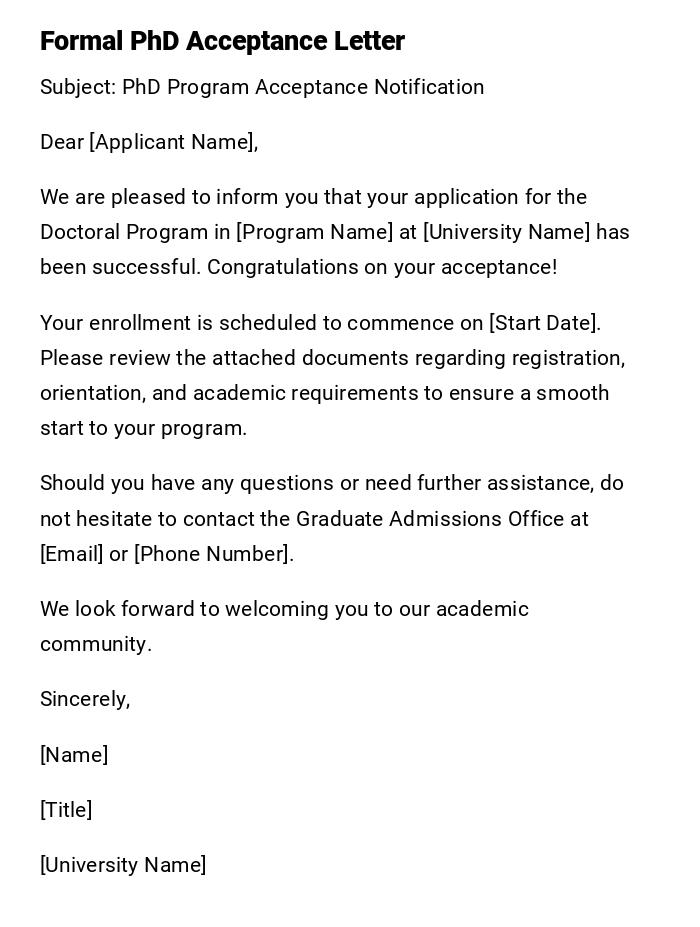 Formal PhD Acceptance Letter Formal PhD Acceptance Letter