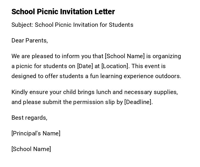 School Picnic Invitation Letter