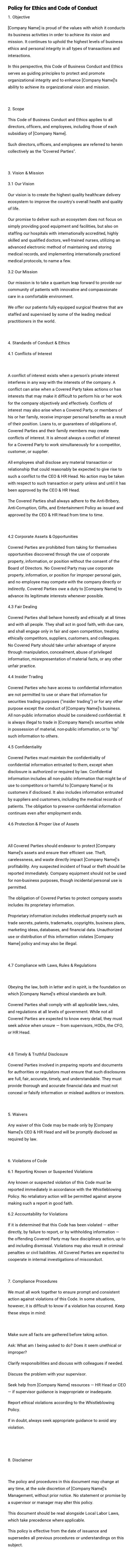 Policy for Ethics and Code of Conduct Policy for Ethics and Code of Conduct