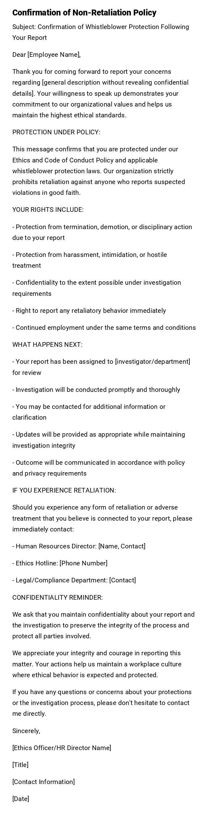 Confirmation of Non-Retaliation Policy Confirmation of Non-Retaliation Policy