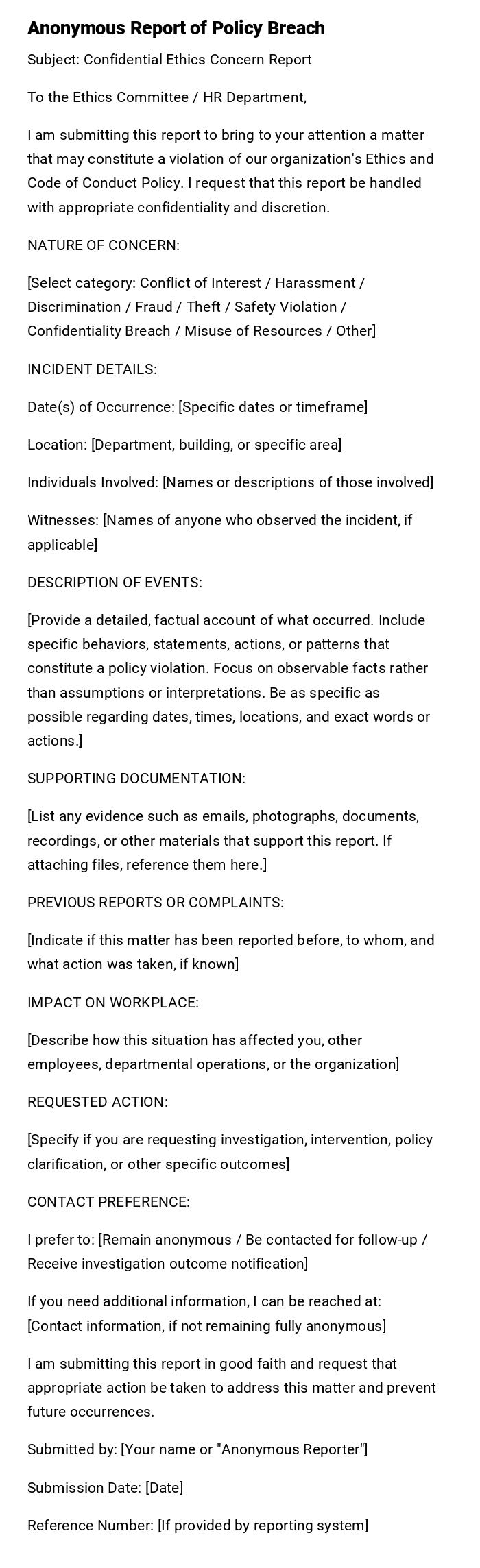 Anonymous Report of Policy Breach Anonymous Report of Policy Breach