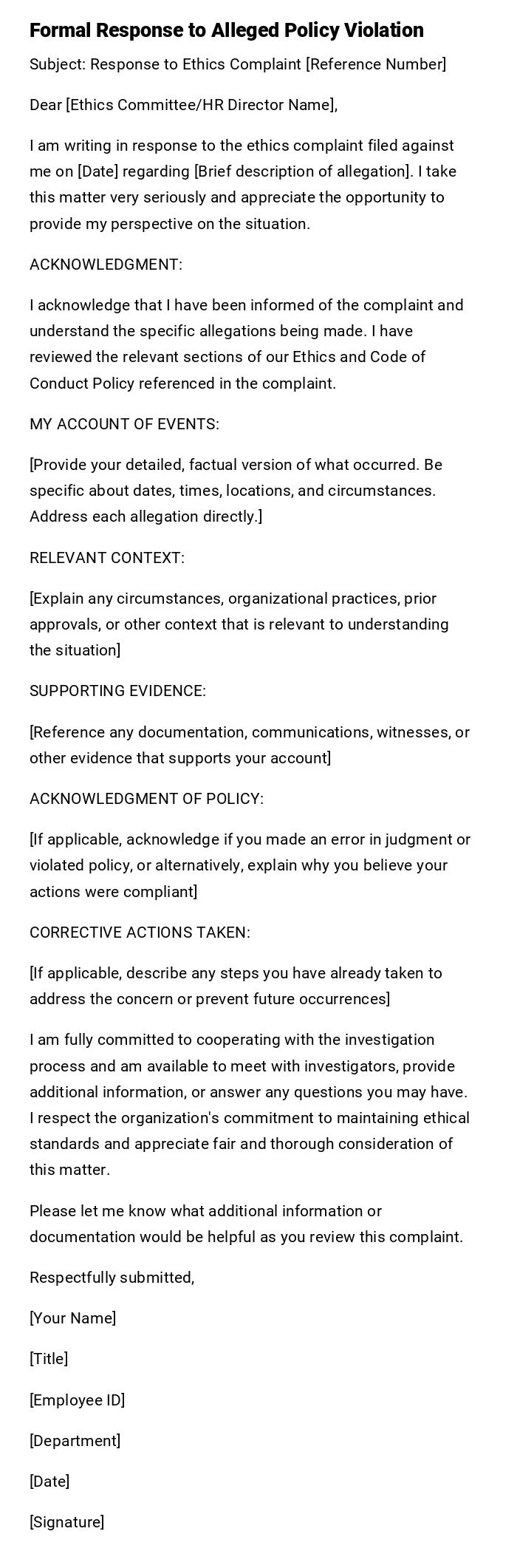 Formal Response to Alleged Policy Violation Formal Response to Alleged Policy Violation