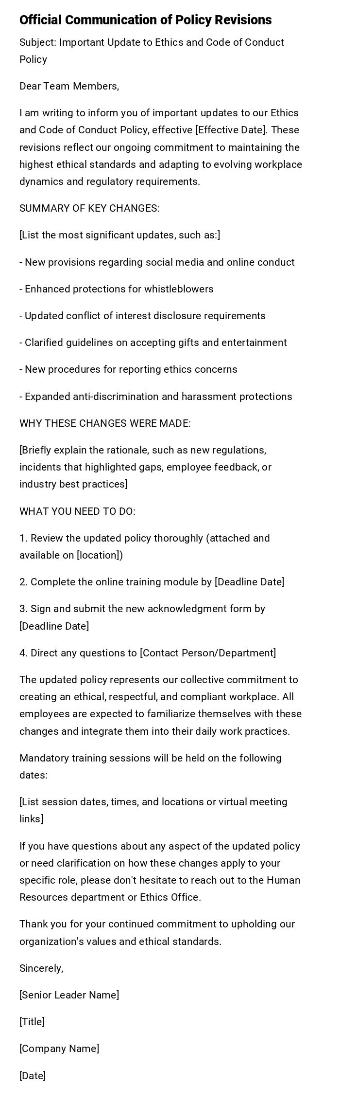 Official Communication of Policy Revisions Official Communication of Policy Revisions