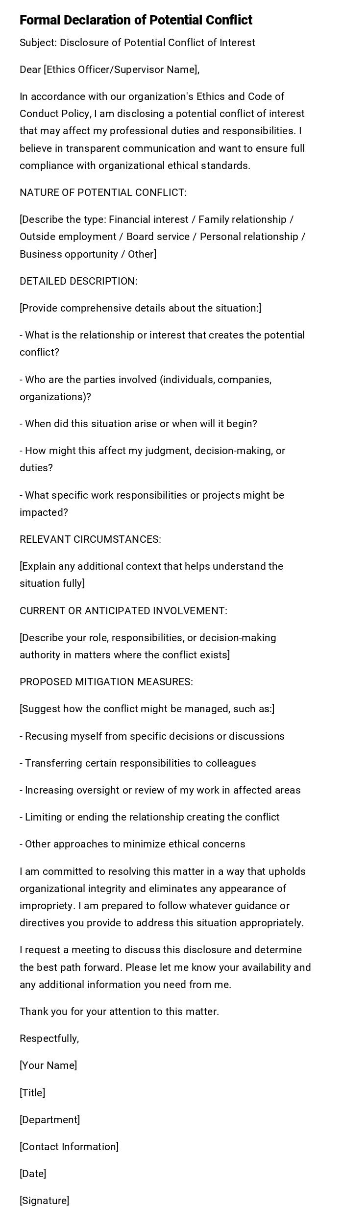 Formal Declaration of Potential Conflict Formal Declaration of Potential Conflict