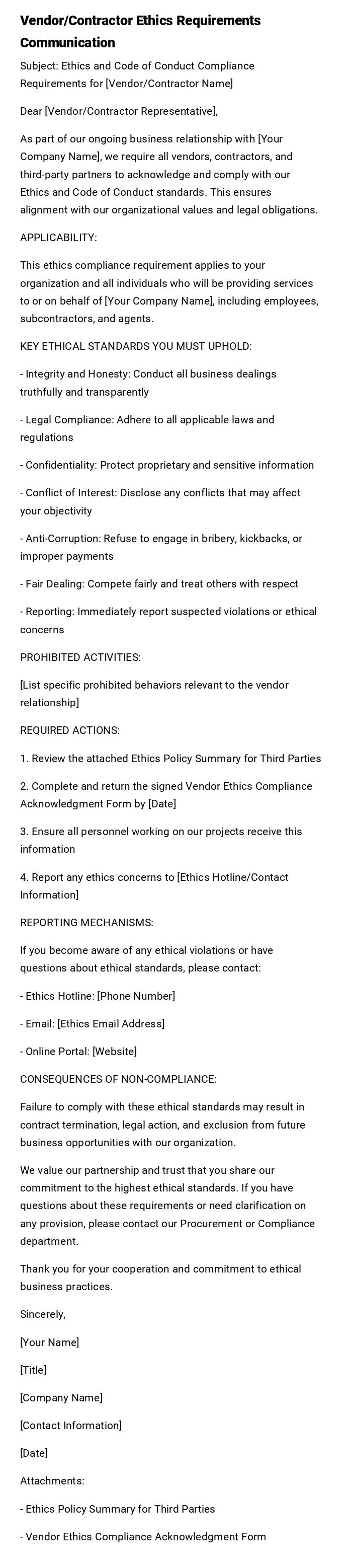 Vendor/Contractor Ethics Requirements Communication Vendor/Contractor Ethics Requirements Communication
