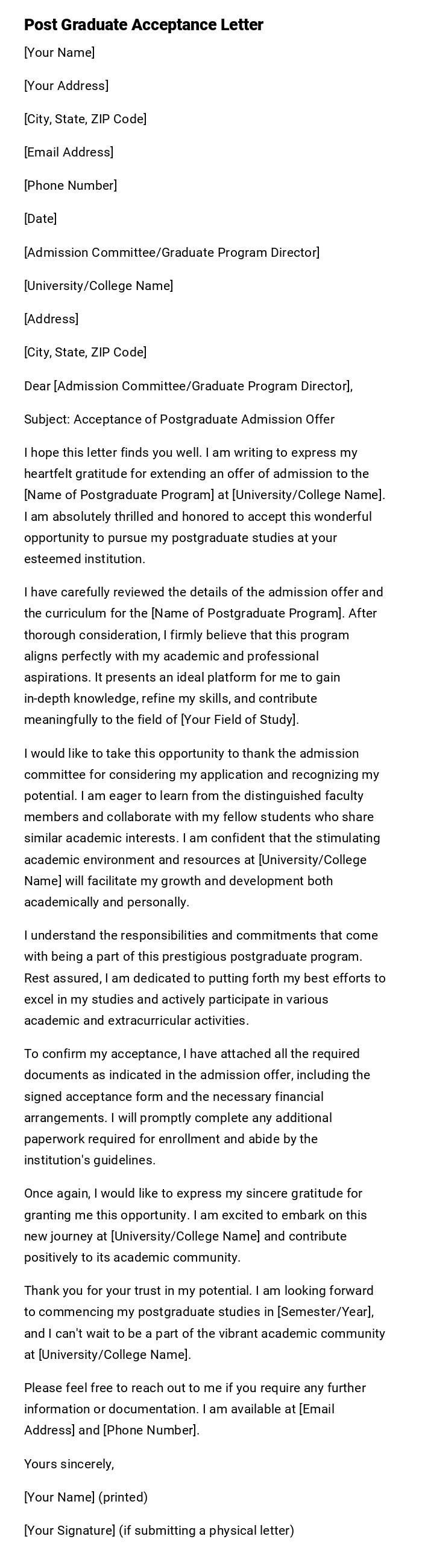 Post Graduate Acceptance Letter