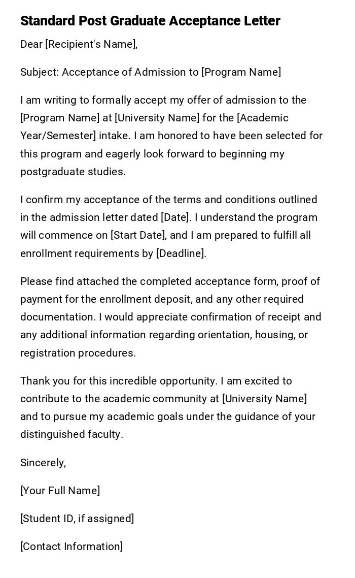 Standard Post Graduate Acceptance Letter Standard Post Graduate Acceptance Letter