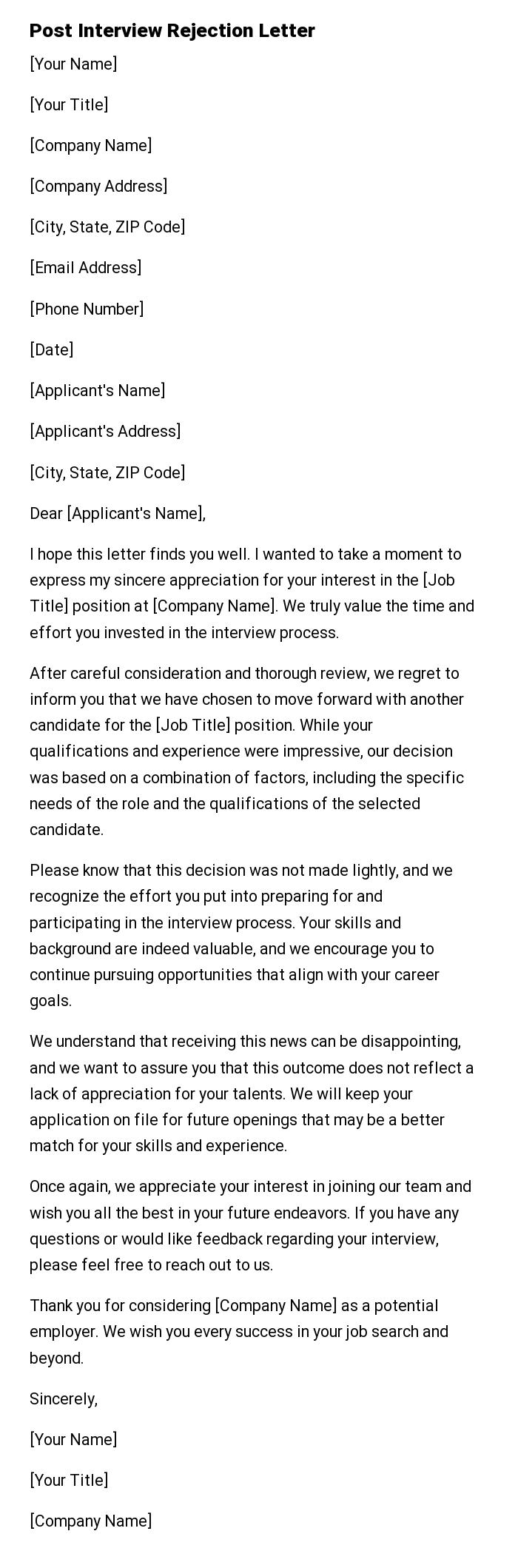 Post Interview Rejection Letter