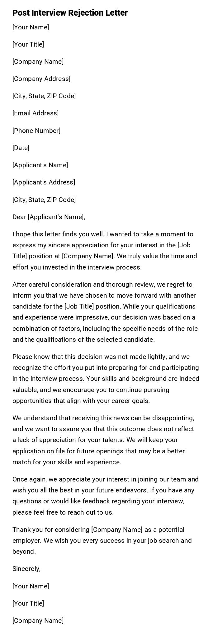 Post Interview Rejection Letter