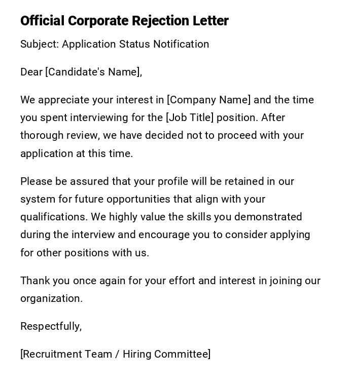 Official Corporate Rejection Letter Official Corporate Rejection Letter