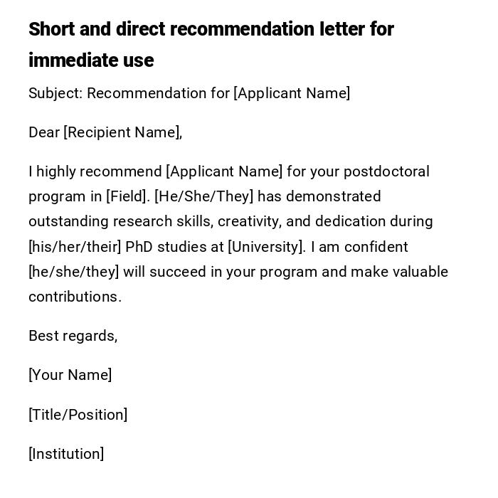 Short and direct recommendation letter for immediate use Short and direct recommendation letter for immediate use