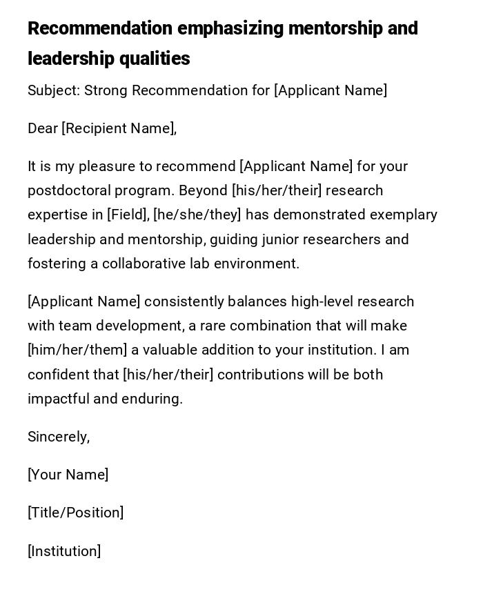 Recommendation emphasizing mentorship and leadership qualities Recommendation emphasizing mentorship and leadership qualities