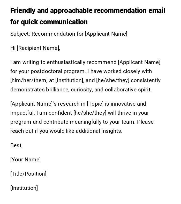 Friendly and approachable recommendation email for quick communication Friendly and approachable recommendation email for quick communication