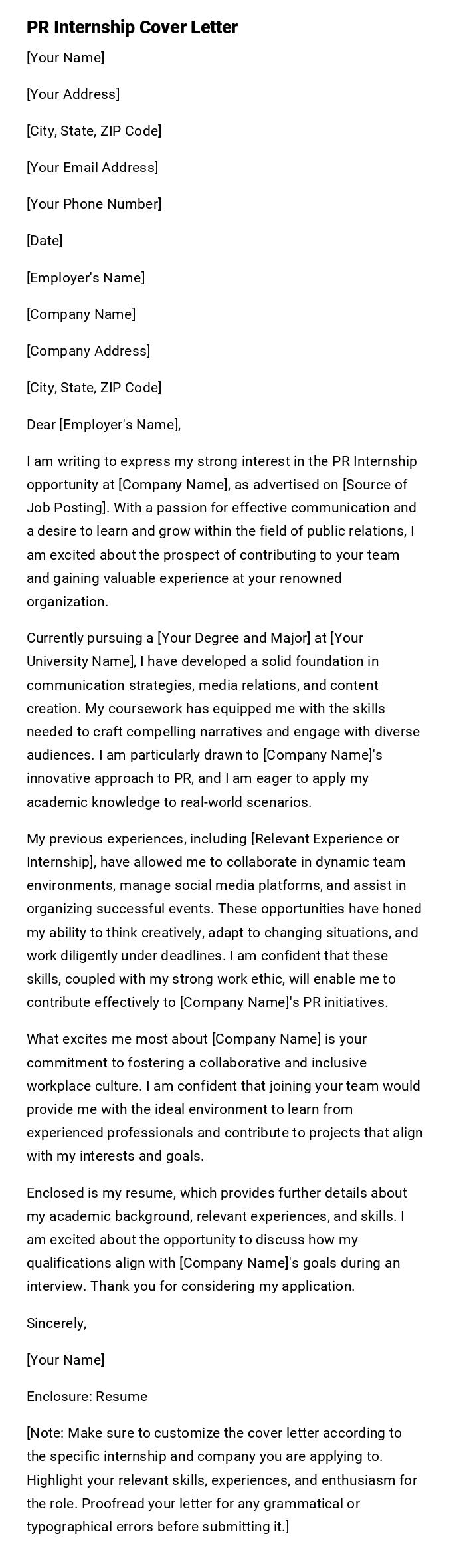 PR Internship Cover Letter