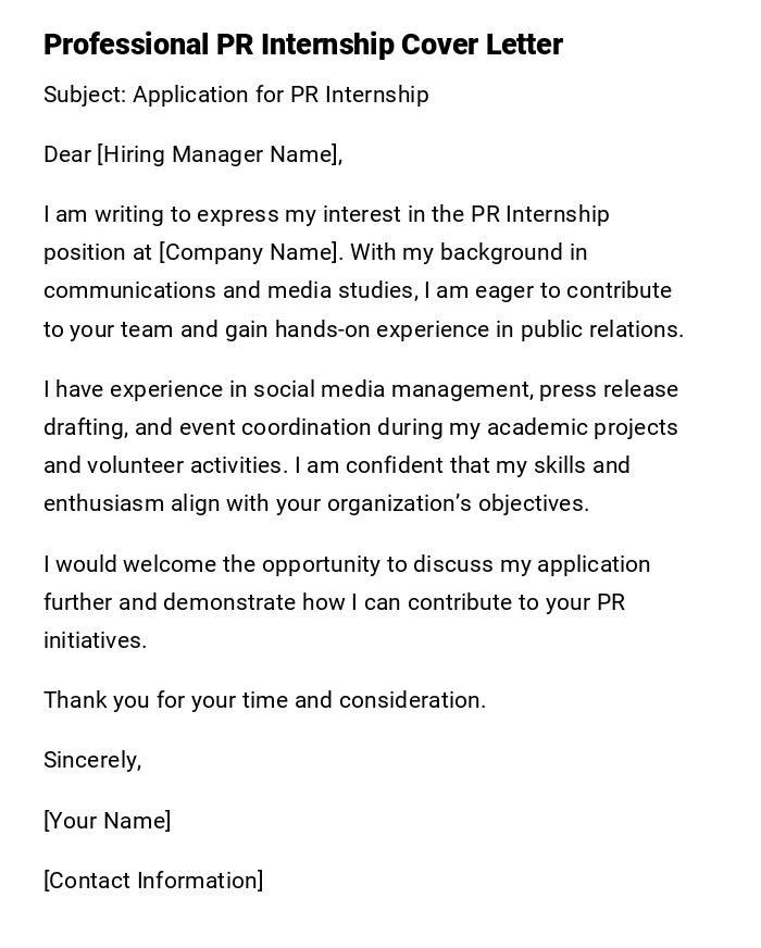 Professional PR Internship Cover Letter Professional PR Internship Cover Letter