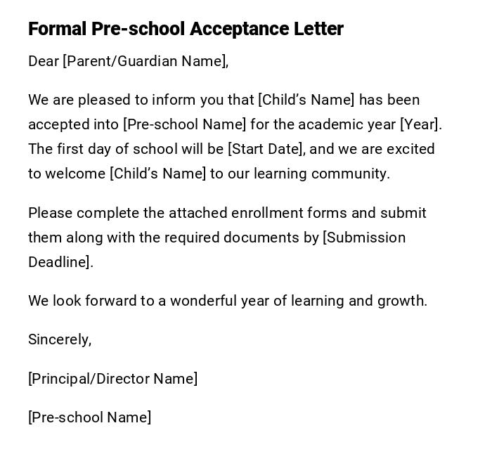Formal Pre-school Acceptance Letter Formal Pre-school Acceptance Letter