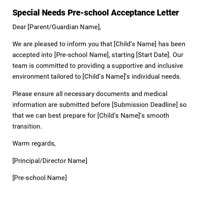 Special Needs Pre-school Acceptance Letter Special Needs Pre-school Acceptance Letter