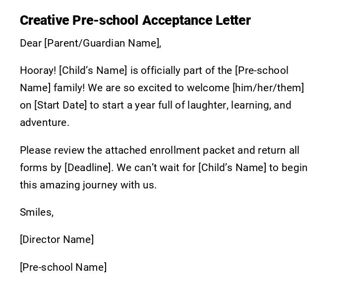 Creative Pre-school Acceptance Letter Creative Pre-school Acceptance Letter