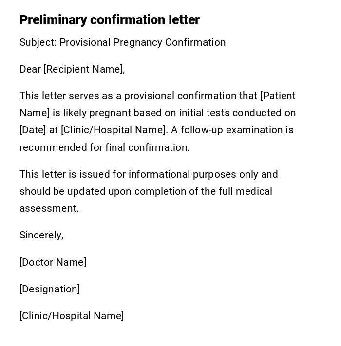 Preliminary confirmation letter