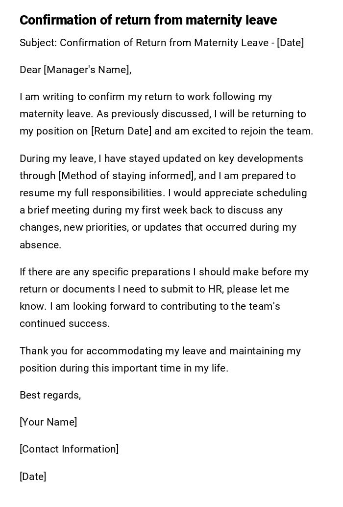 Confirmation of return from maternity leave Confirmation of return from maternity leave