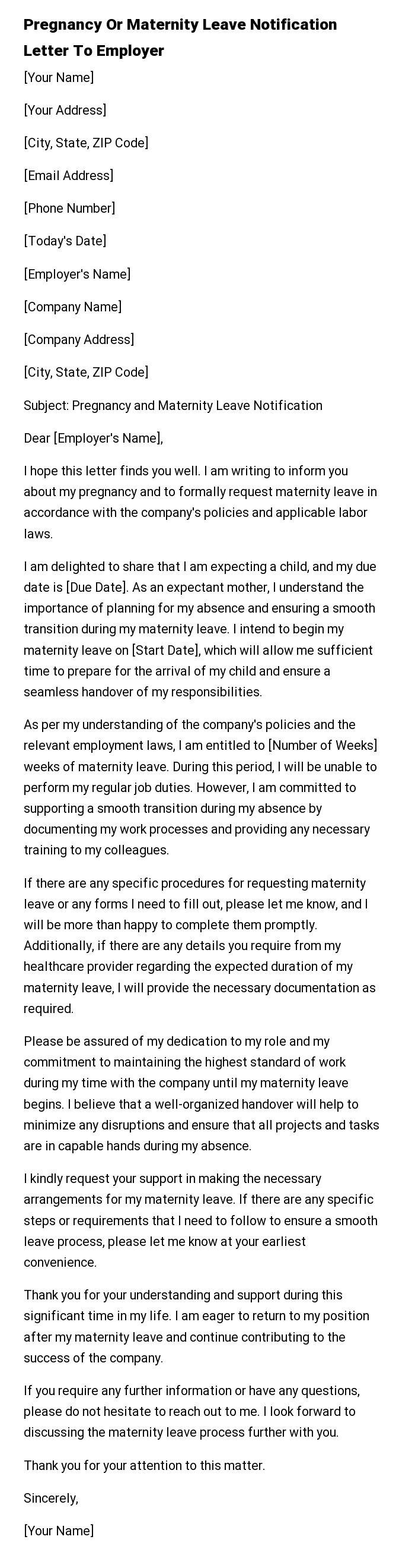 Pregnancy Or Maternity Leave Notification Letter To Employer
