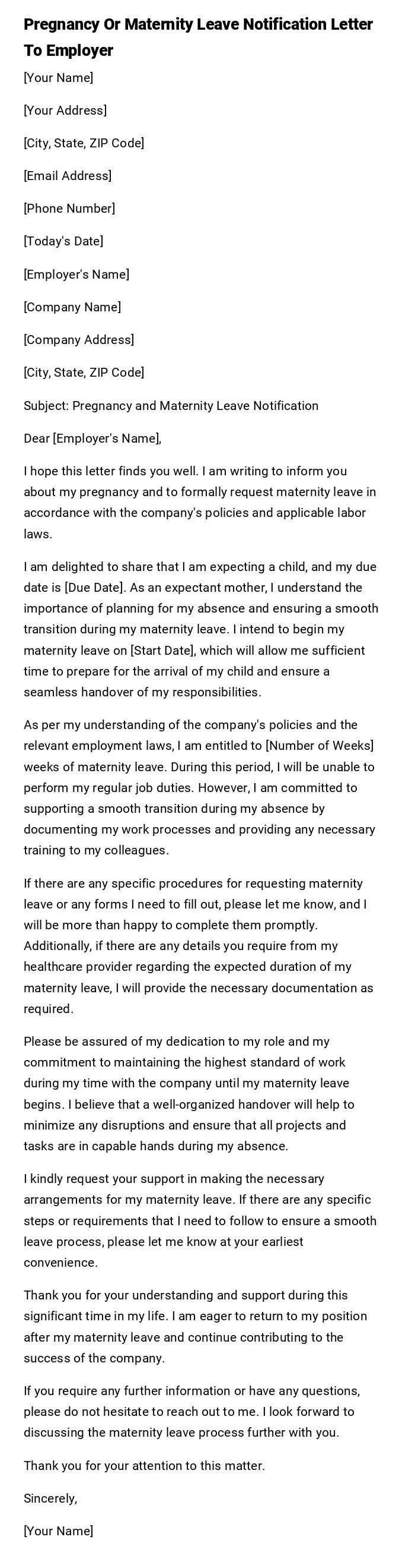 Pregnancy Or Maternity Leave Notification Letter To Employer