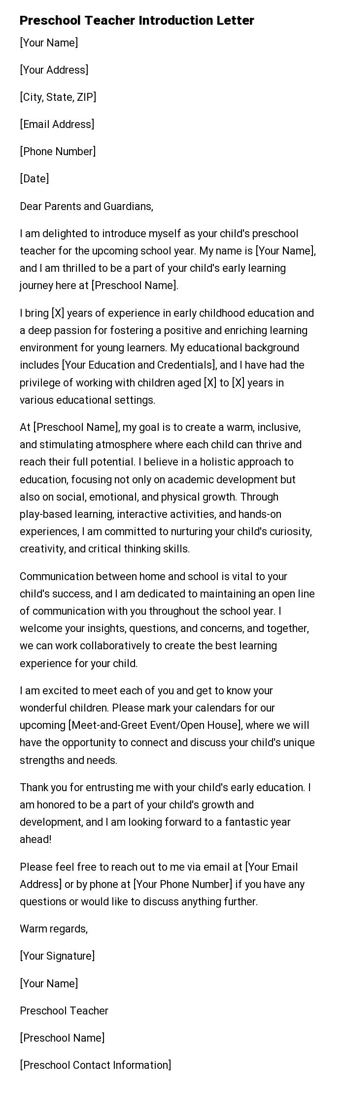 Preschool Teacher Introduction Letter