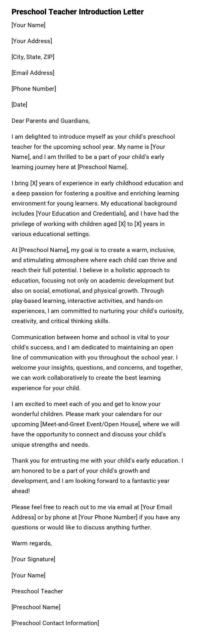 Preschool Teacher Introduction Letter