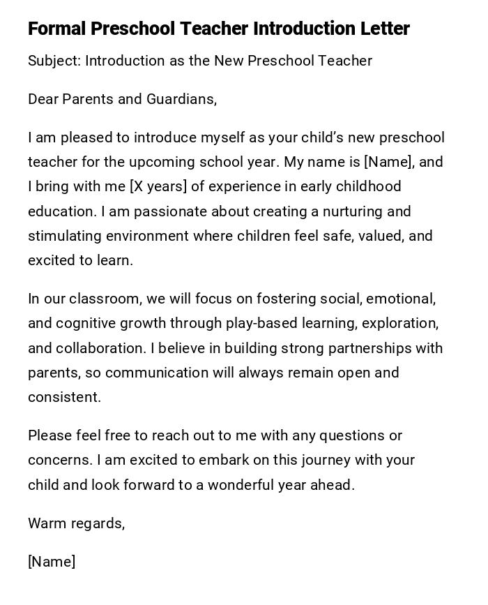 Formal Preschool Teacher Introduction Letter Formal Preschool Teacher Introduction Letter