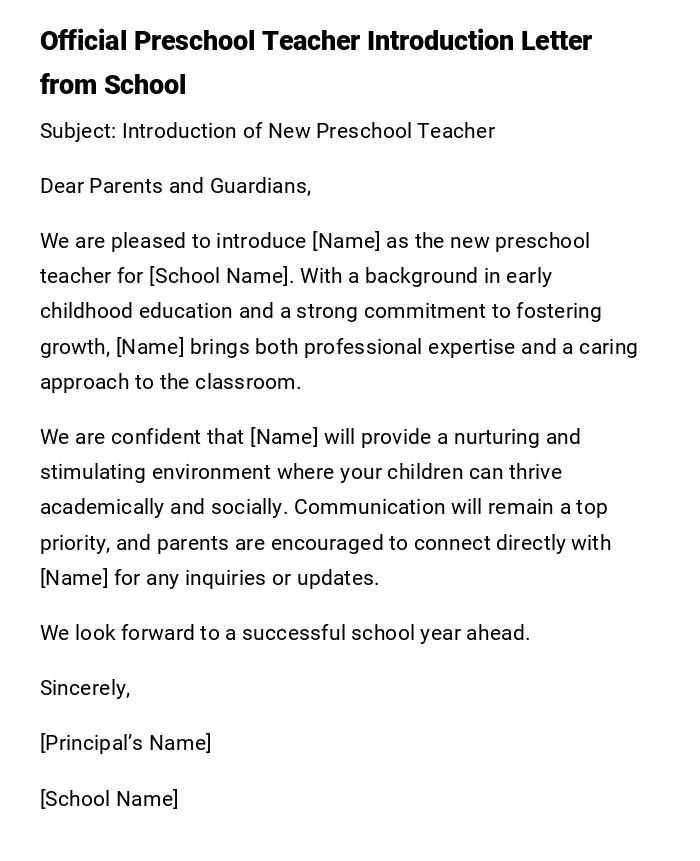 Official Preschool Teacher Introduction Letter from School Official Preschool Teacher Introduction Letter from School