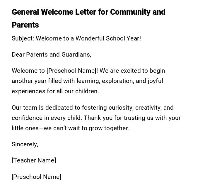 General Welcome Letter for Community and Parents General Welcome Letter for Community and Parents