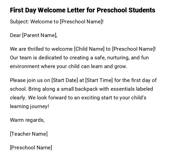 First Day Welcome Letter for Preschool Students First Day Welcome Letter for Preschool Students