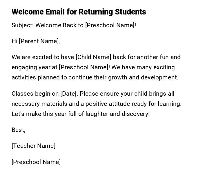 Welcome Email for Returning Students Welcome Email for Returning Students