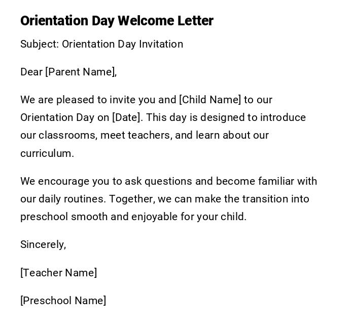 Orientation Day Welcome Letter Orientation Day Welcome Letter