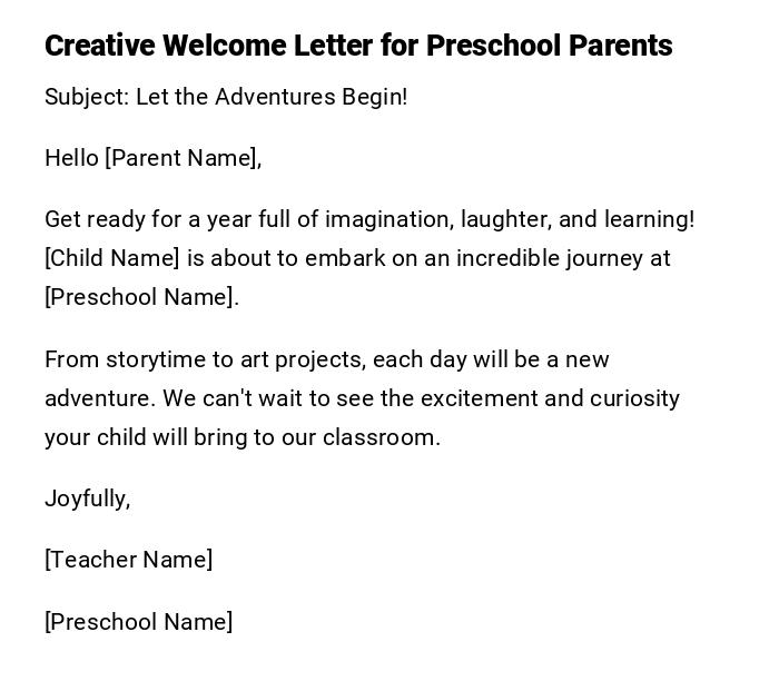 Creative Welcome Letter for Preschool Parents Creative Welcome Letter for Preschool Parents