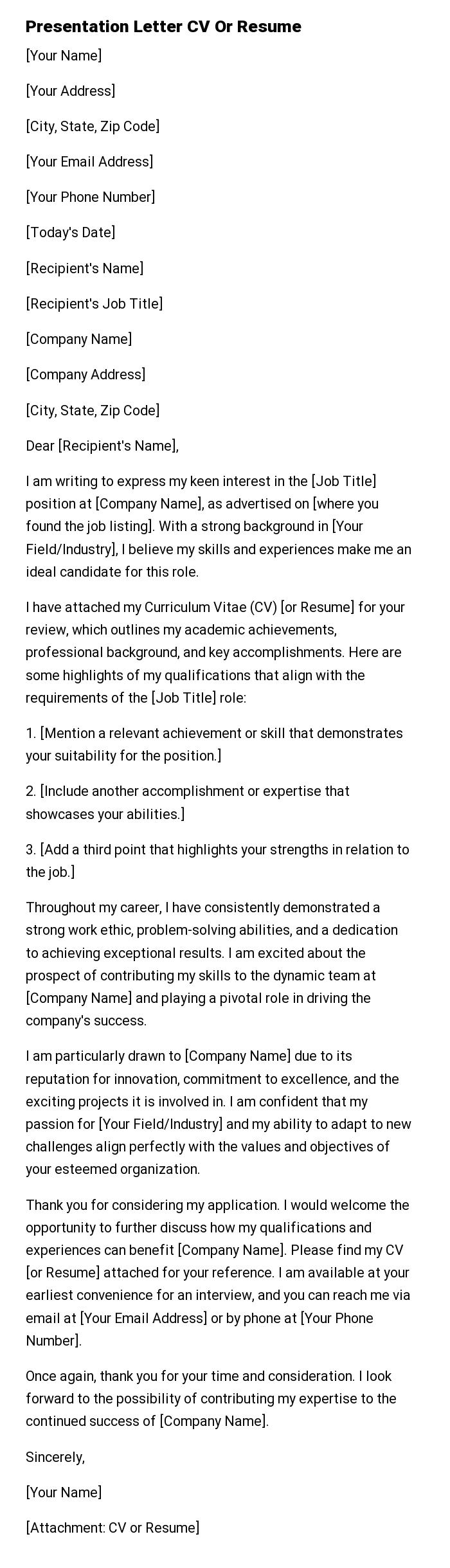 Presentation Letter CV Or Resume