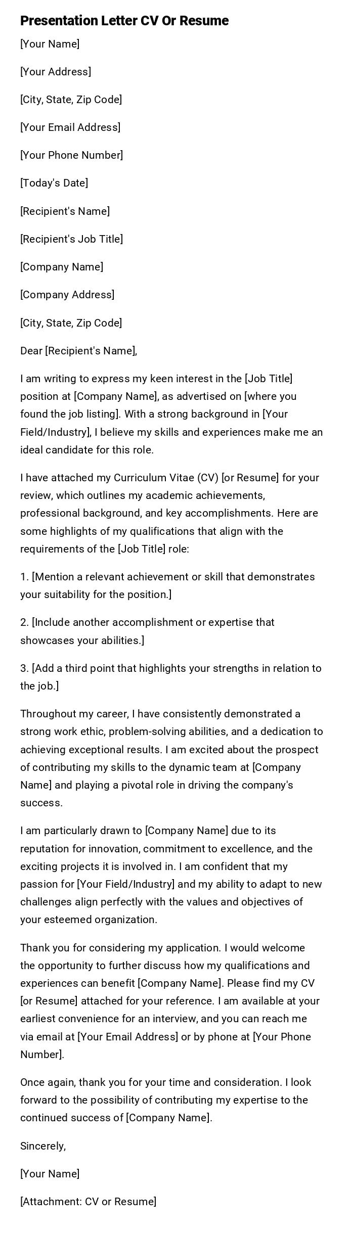 Presentation Letter CV Or Resume Presentation Letter CV Or Resume