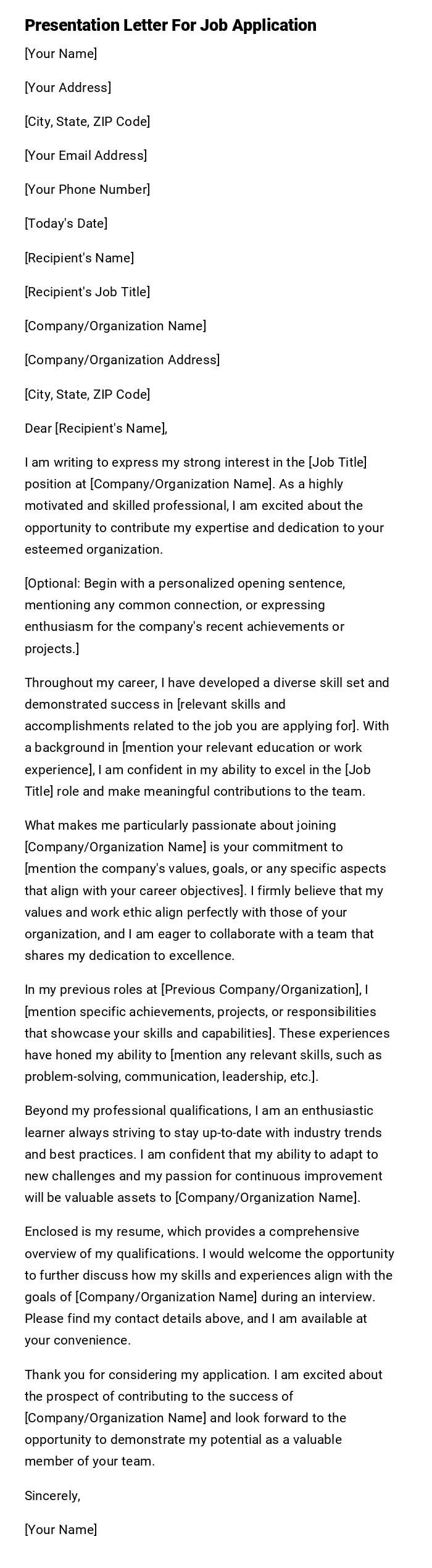 Presentation Letter For Job Application