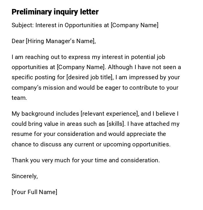 Preliminary inquiry letter Preliminary inquiry letter