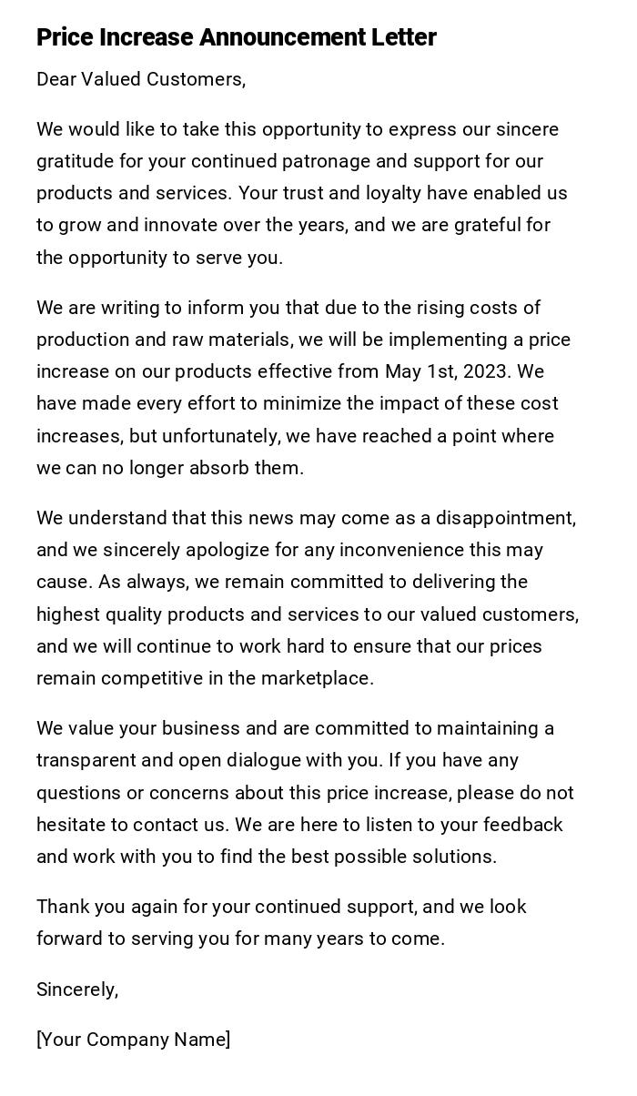 Price Increase Announcement Letter