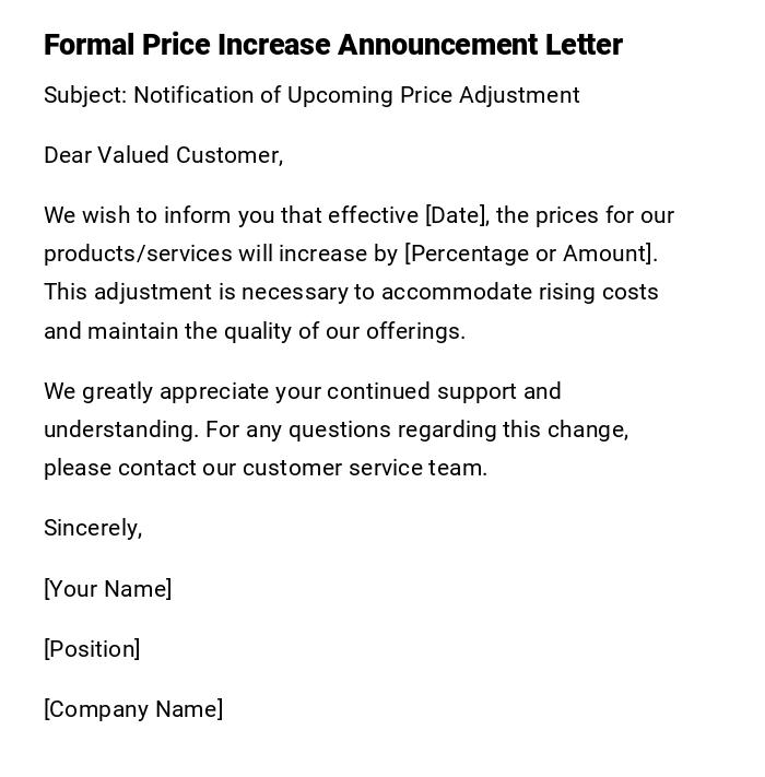 Formal Price Increase Announcement Letter Formal Price Increase Announcement Letter