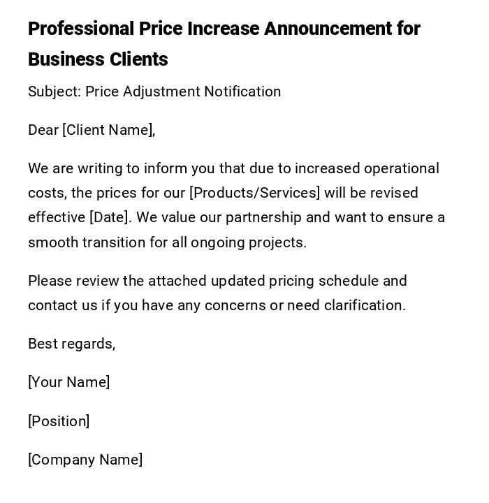Professional Price Increase Announcement for Business Clients Professional Price Increase Announcement for Business Clients
