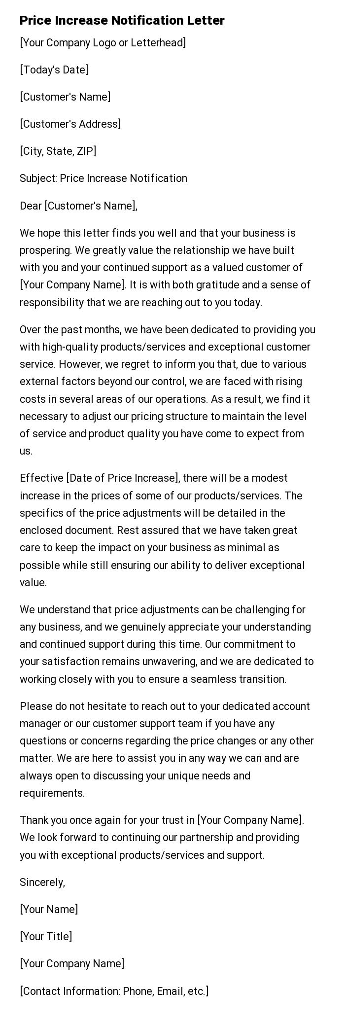 Price Increase Notification Letter