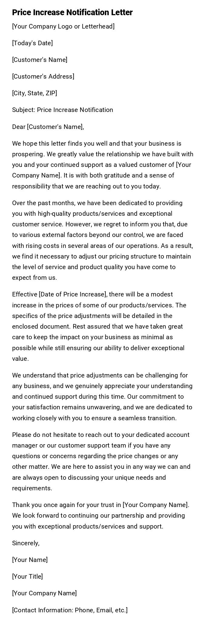 Price Increase Notification Letter