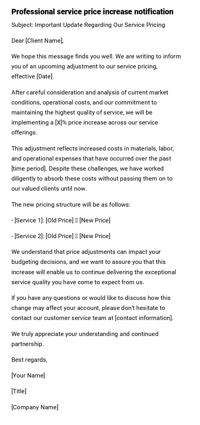 Professional service price increase notification Professional service price increase notification